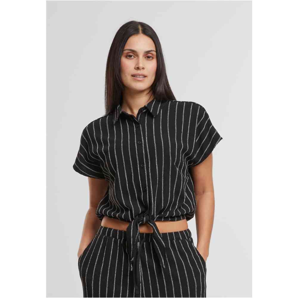 Urban Classics - Structured Striped Tied Bluse - Schwarz/Gebrochenes Weiß